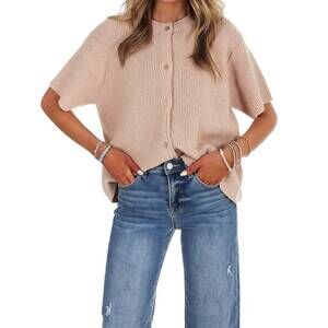 NEW LE LIS let's go there short sleeve sweater cardigan in beige